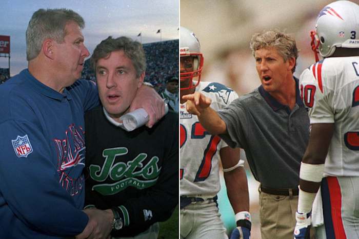 Carroll as Jets coach in 1994 with Parcells— the man he’d succeed as Patriots coach in ’97. Neither of those stints ended well. (Winslow Townson/AP :: Jim Rogash/AP)